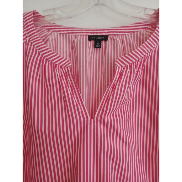 Talbots pink white stripe smocked cuff blouse M cotton popover updated preppy - Picture 4 of 8